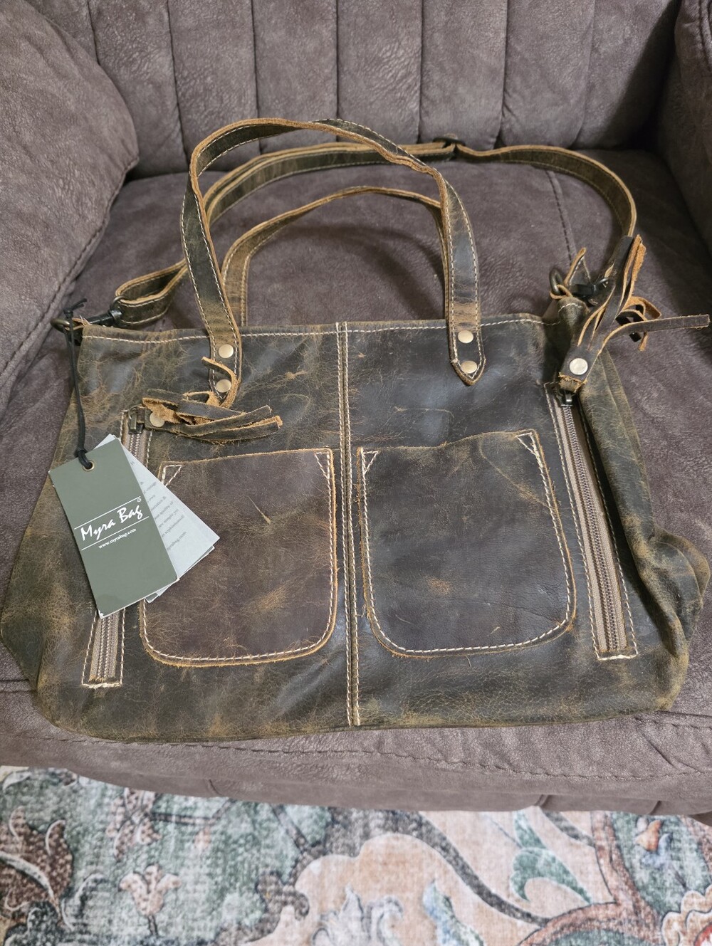 NWT Myra Distressed Dark Brown Leather Tote with Front Pockets